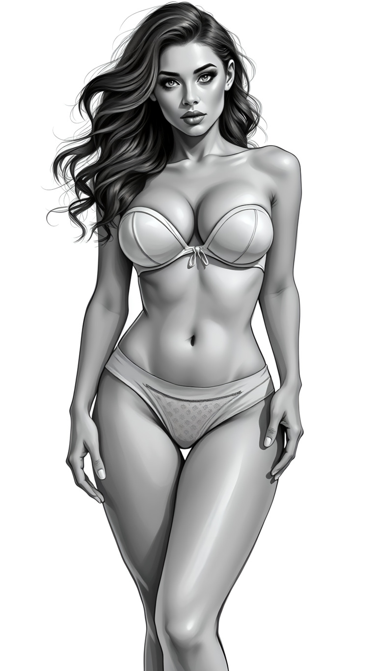 Illustration of a woman posing confidently in a bra and panties, highlighting elegance and style.