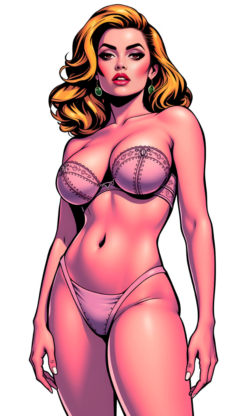 Illustration of a woman confidently posing in a pink bra and panties, showcasing beauty and style.