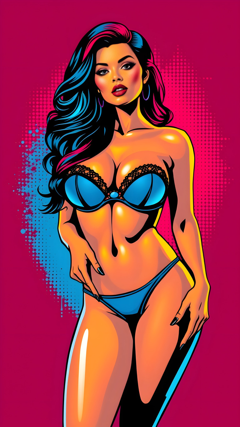 A colorful pop art style illustration of a woman with long hair in a sensual lingerie set against a bright pink background.