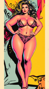 Vintage pin-up lingerie art featuring a curvaceous woman in intricate black lace lingerie, set against a dynamic yellow and red comic-style background with abstract shapes and bold text elements. The image captures the essence of classic pin-up aesthetics with a modern twist, highlighting the detailed design of the lingerie and the confident pose of the model, making it a perfect blend of art and fashion.